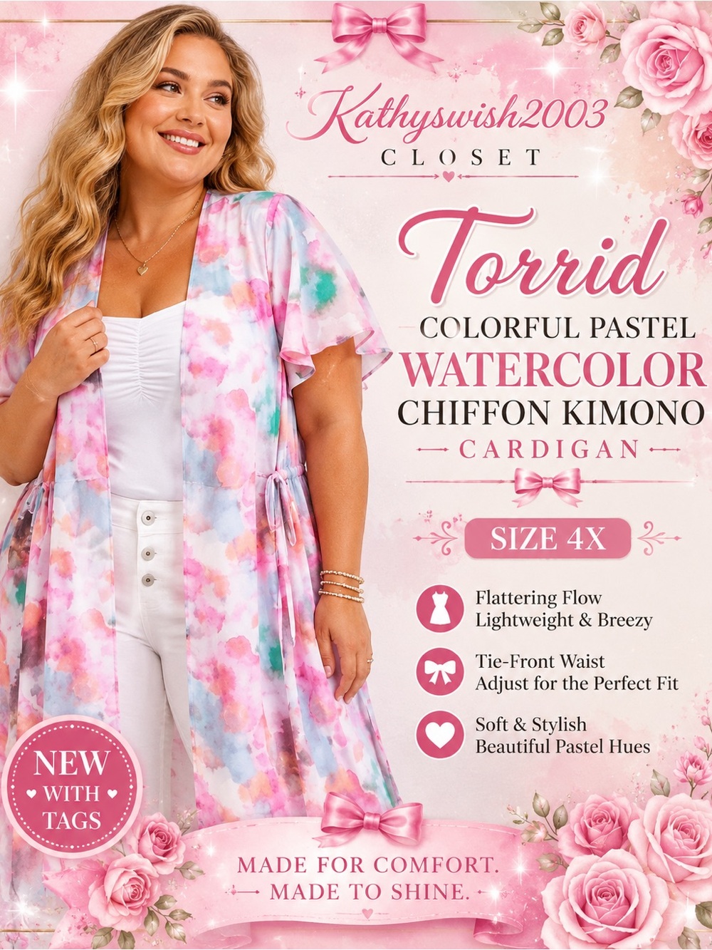 Torrid Colorful Pastel Watercolor Chiffon Kimono Cardigan 4X NWT